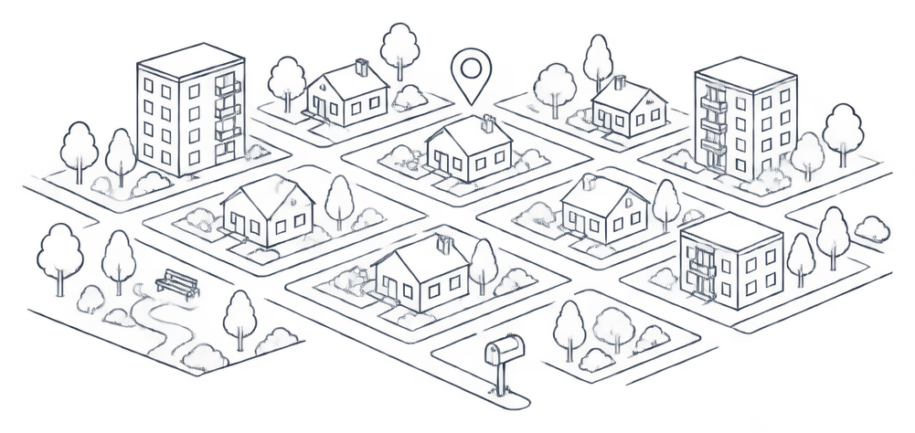 Line illustration of a neighborhood with houses, apartments, trees and a map pin